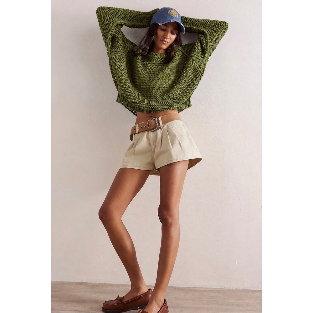 We the free essential linen crew oeraized sweater green medium thck open knit